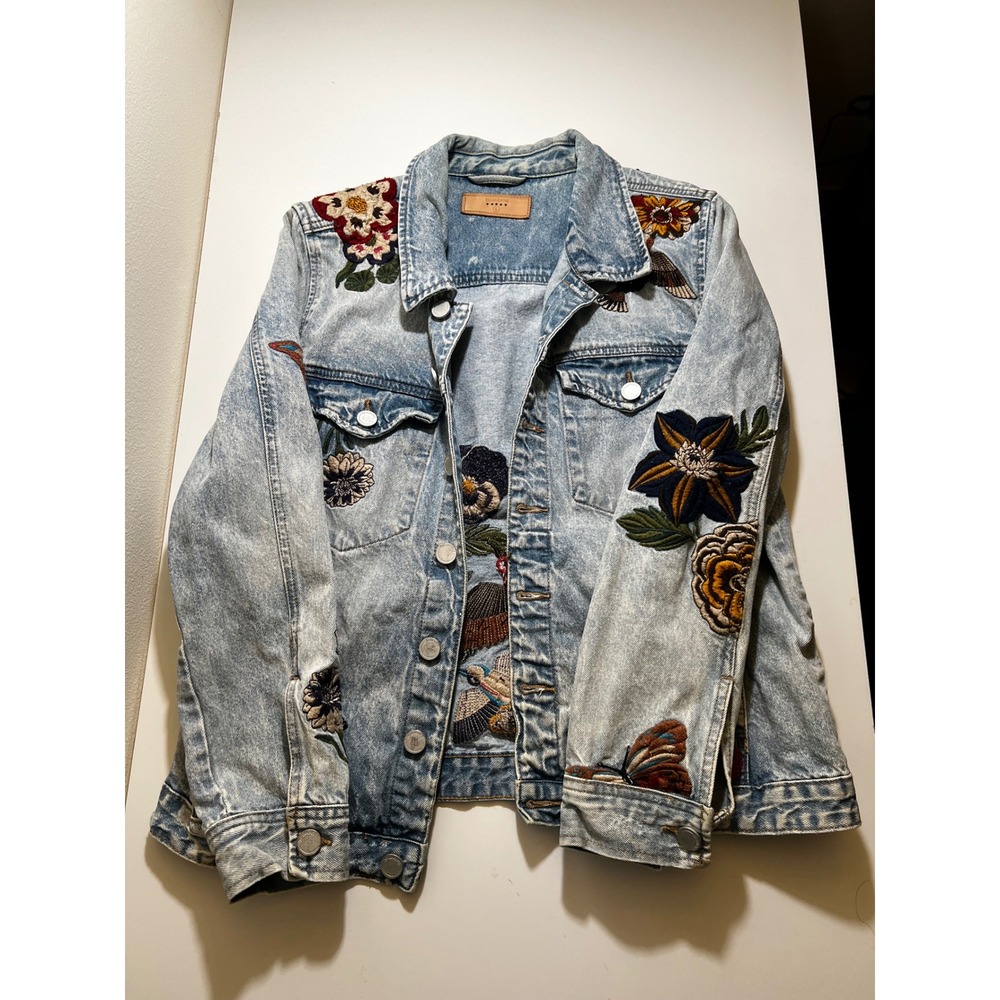 BLANKNYC Womens Jacket Denim Large Floral Butterfly Embroidered Acid Wash